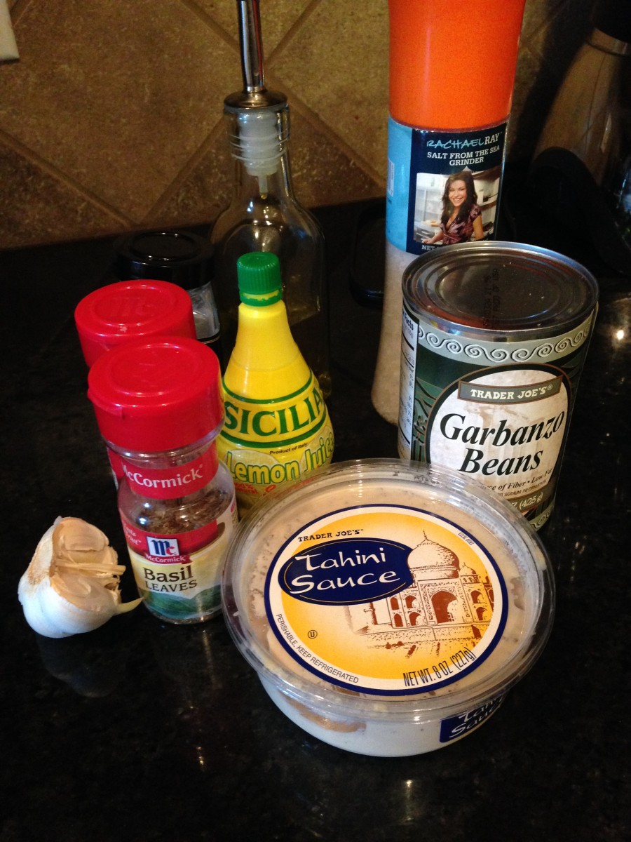 ingredients on counter to make lemon basil hummus