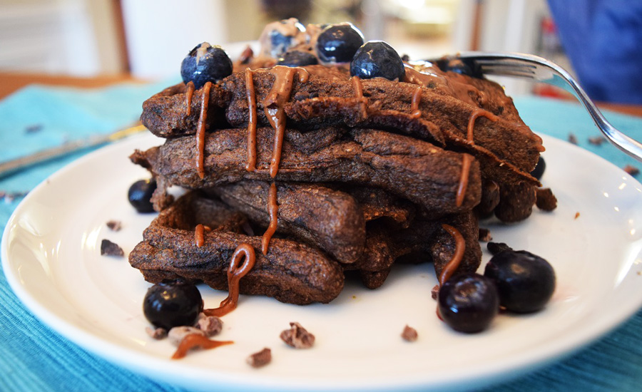 Coconut Brownie Waffles with blueberries