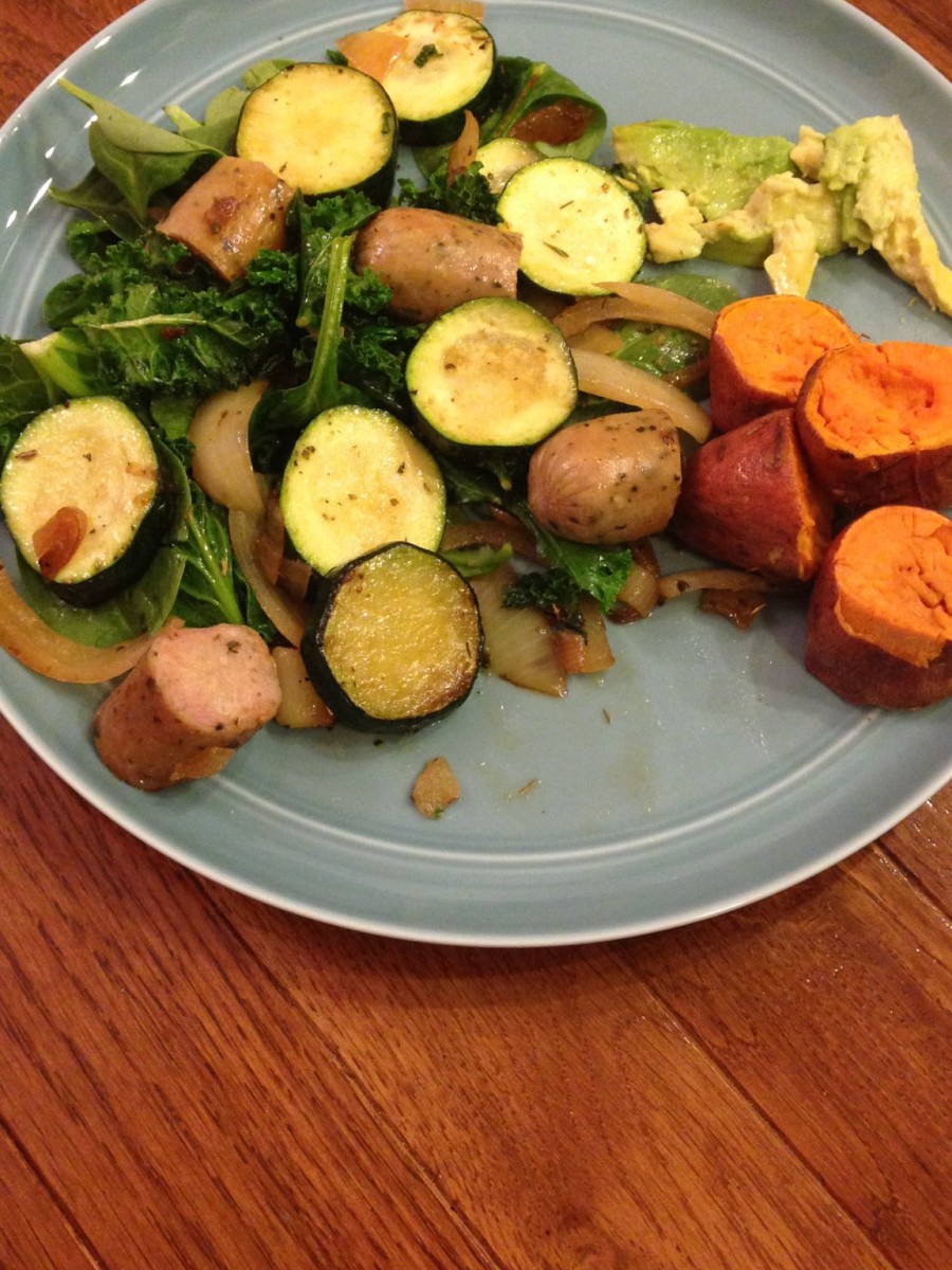 Chicken sausage with veggies, sweet potato and avocado