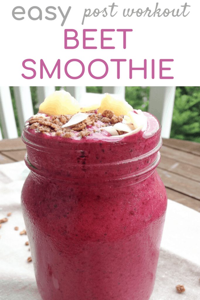 Tropical beet smoothie topped with granola with text overlay | Bucket List Tummy