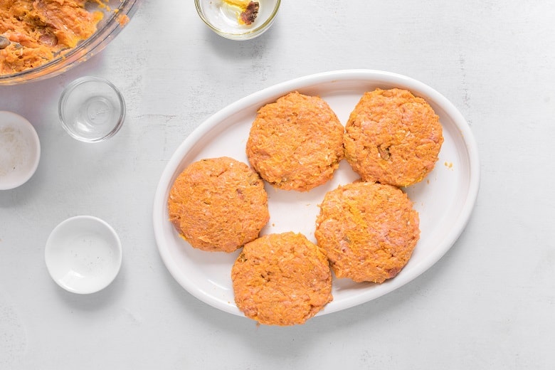 Paleo Sweet Potato Burgers on White serving platter before cooking