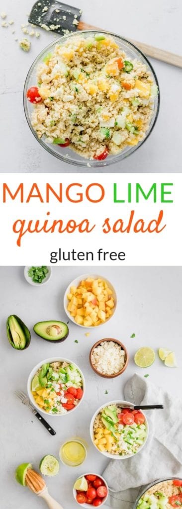 Mango Lime Quinoa Salad is gluten free and a fun spin on pasta salad. Full of light and refreshing veggies, it's a great summer quinoa salad option | Cold Quinoa Salad | Summer Quinoa Salad #glutenfree #glutenfreesalad #quinoasalad #summersalad #coldquinoasalad #barbecue #cookout #mango #summerfood