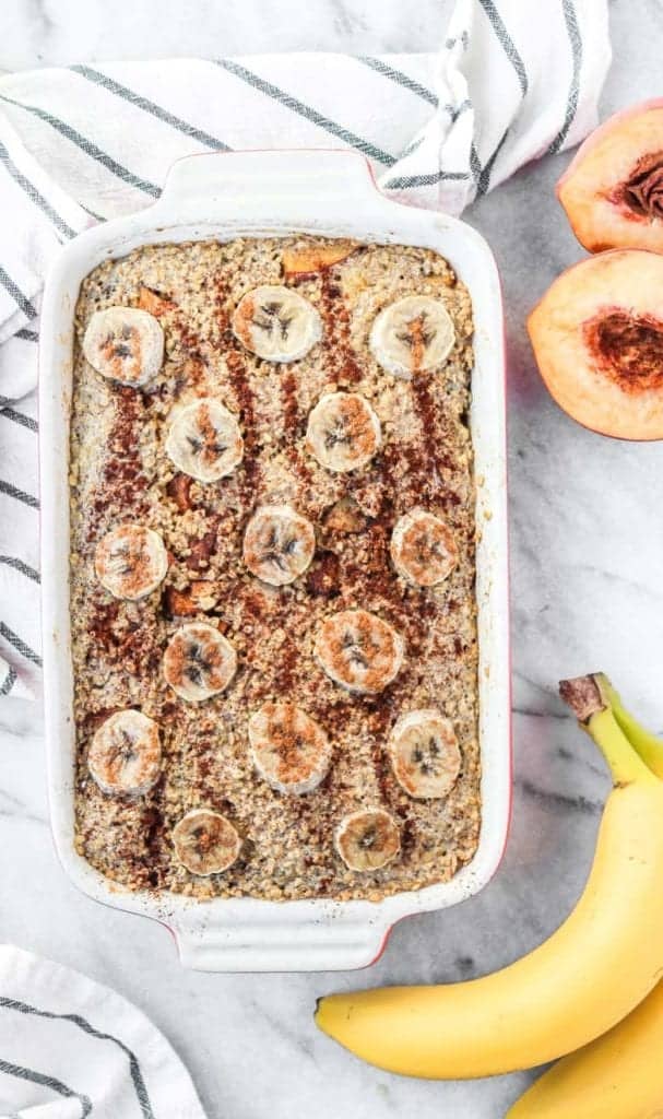 Overhead shot of steel cut baked oatmeal topped with bananas