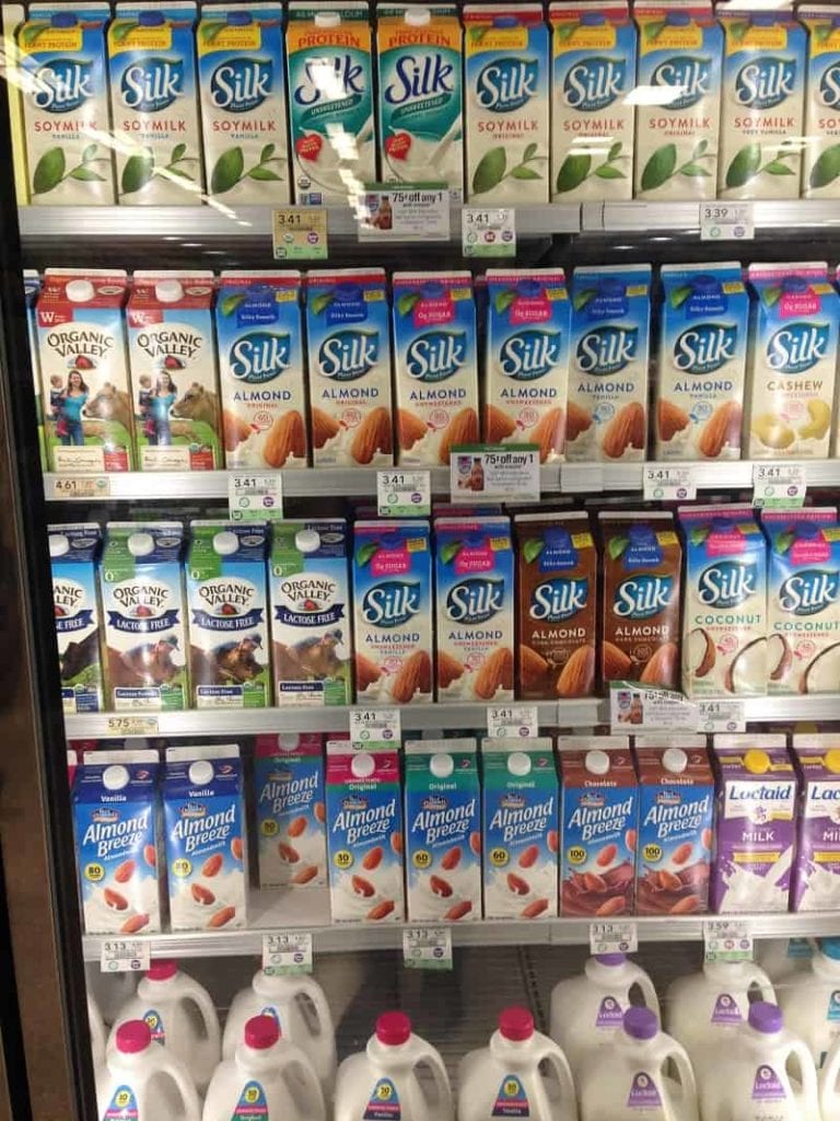 Almond milk offerings in grocery store refrigerator
