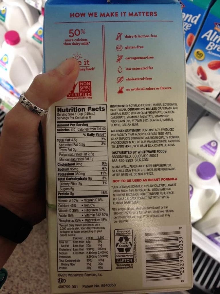 Soy milk nutrition label