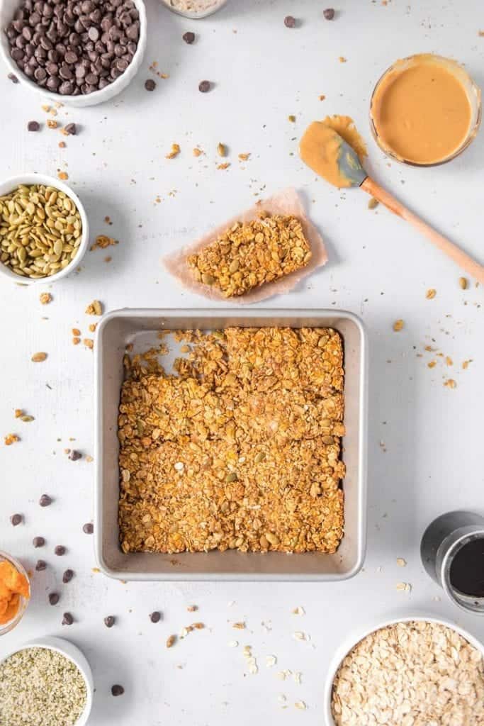 Pan of Homemade Hemp Protein Bars with oats and pumpkin 