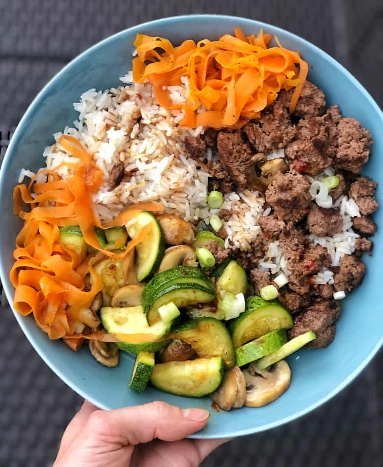 Plate of rice, ground beef and veggies