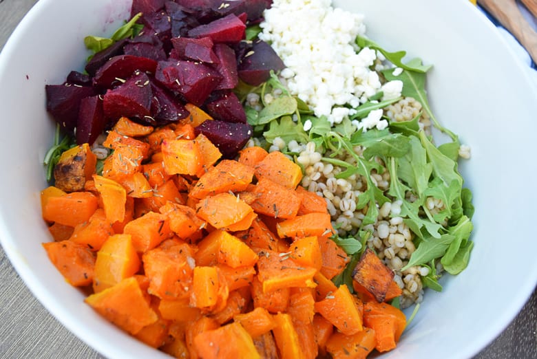 barley sweet potatoes and beets in a bowl