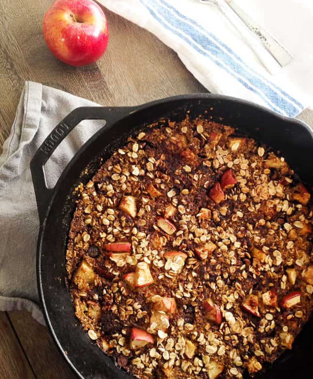 Almond flour crumble in a skillet on table 