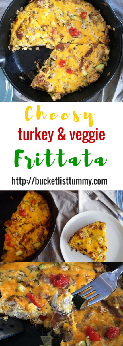 Cheesy Veggie Turkey Frittata, with text overlay