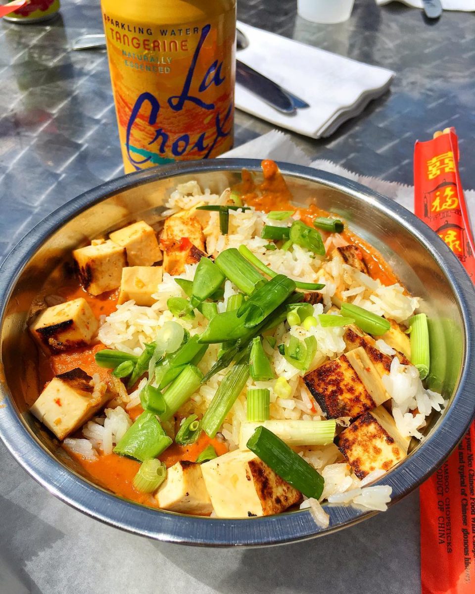 grain bowl with tofu and side of la croix