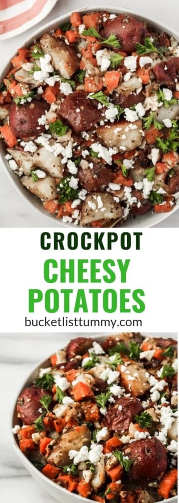 Long image of crockpot cheesy potatoes