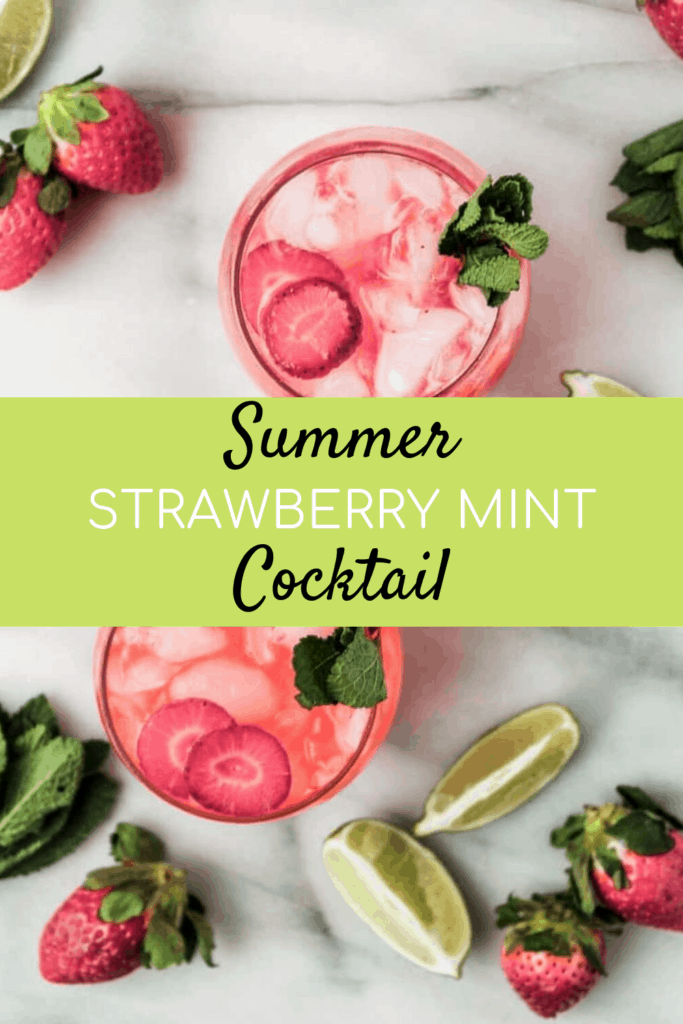 cocktail with strawberries and mint with text overlay | Bucket List Tummy