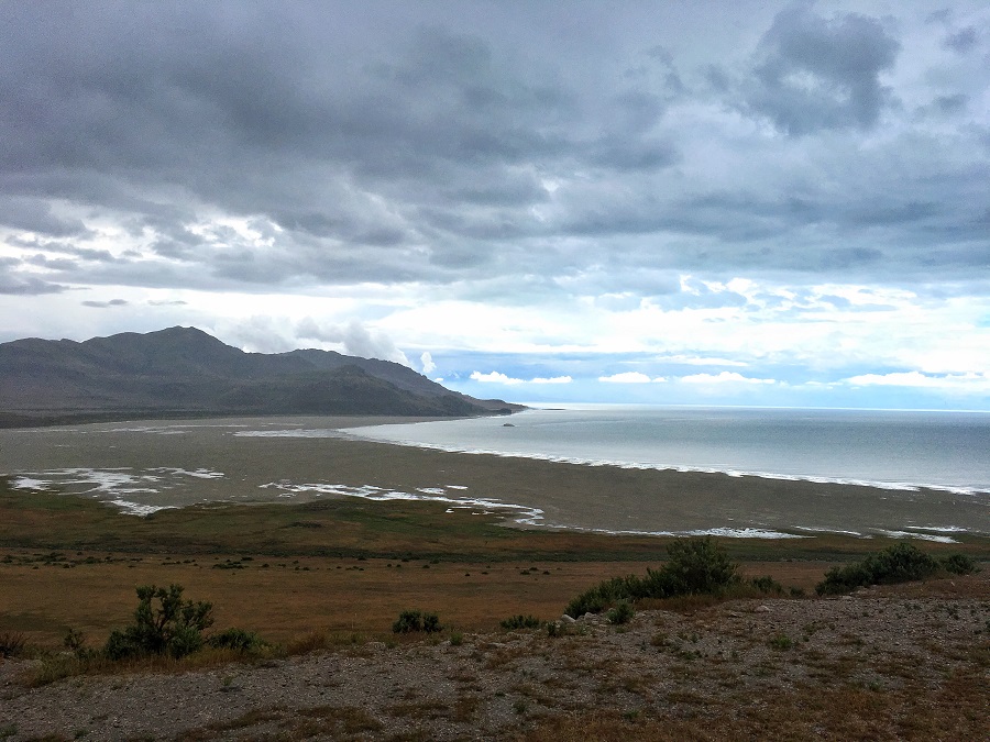 Ocean view with mountains in background on Antelope Island, Salt Lake City