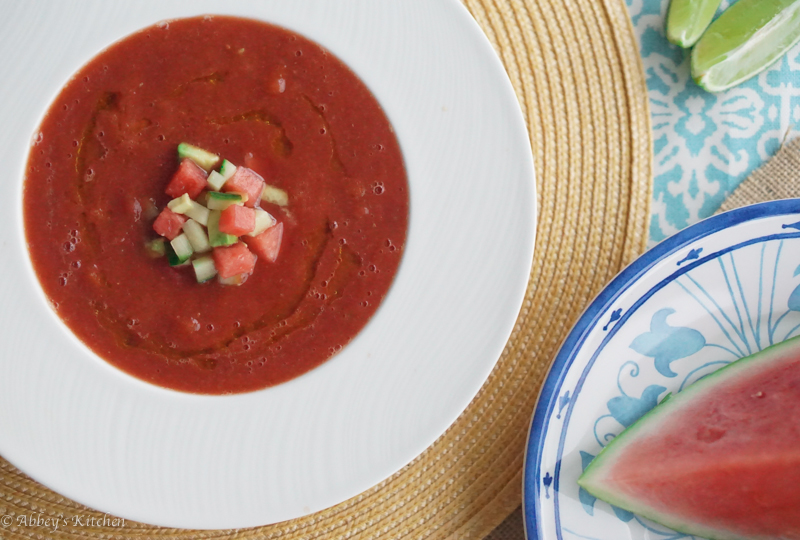 watermelon gazpacho in a white bowl