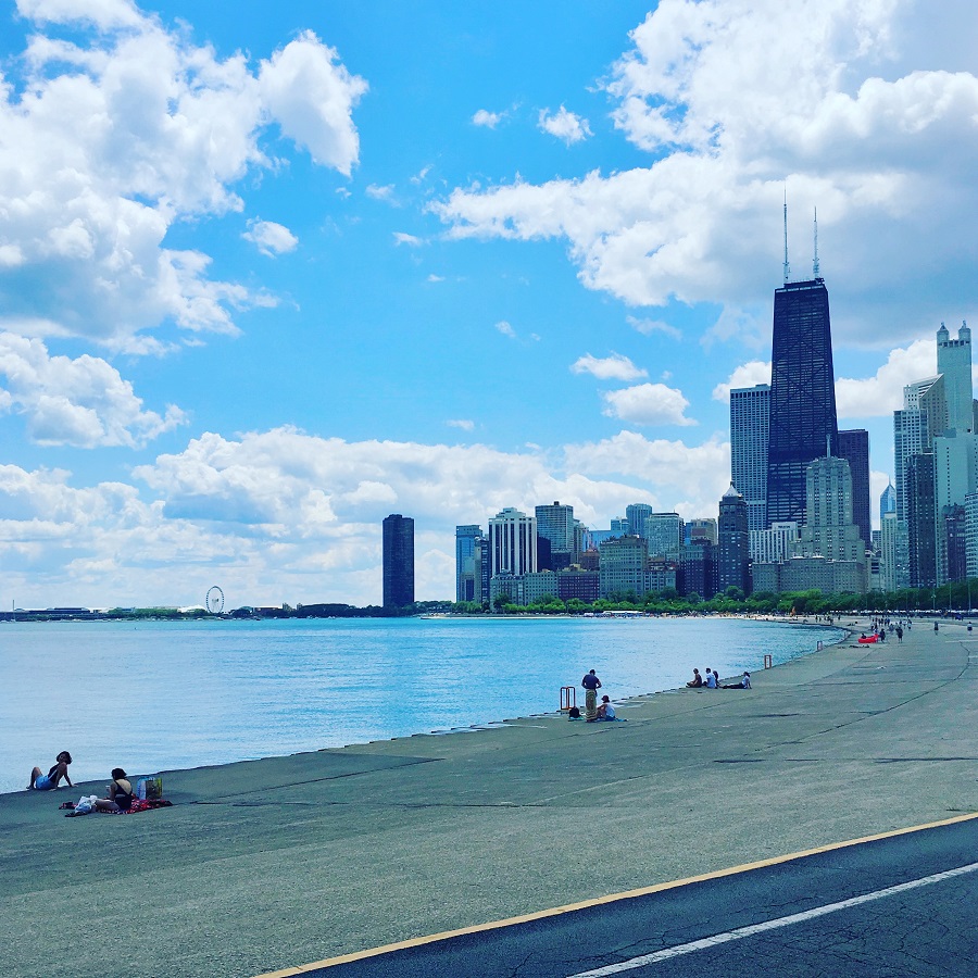 Chicago beach view with city buildings in background