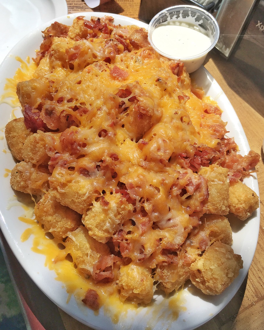 cheesy tater tots on white plate