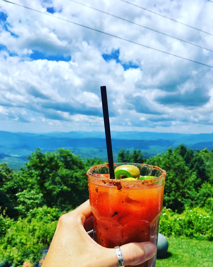 bloody mary in front of green trees and mountains