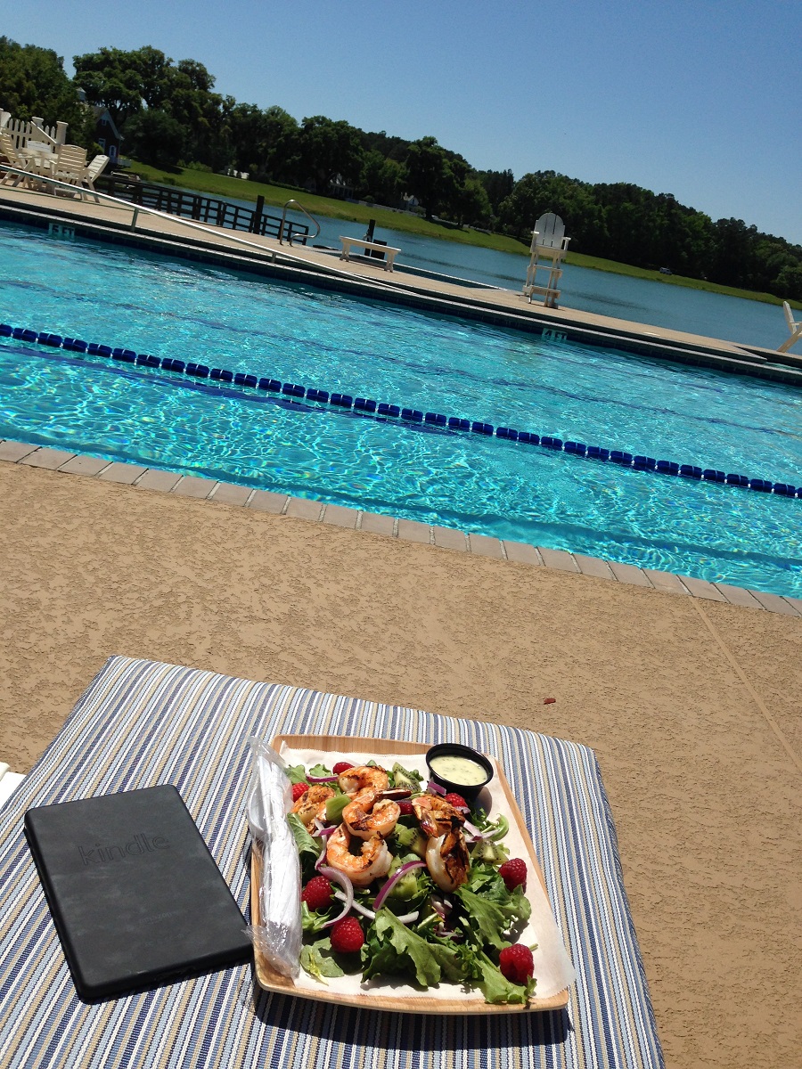 shrimp salad on chair by pool