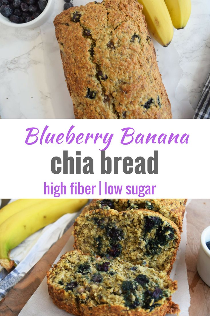 Blueberry Banana Chia Bread makes a great base for a sweet breakfast or on-the-go snack. Made with fruit, chia seeds, oat flour and half the sugar, it's a wholesome, healthy option for the whole family | Healthy, Low Sugar Recipes