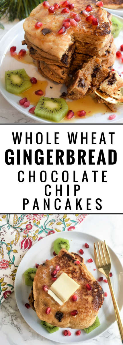 whole wheat chocolate chip gingerbread pancakes with text overlay