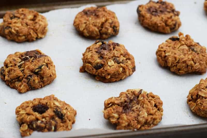 oatmeal raisin cookies with peppermint on baking sheet
