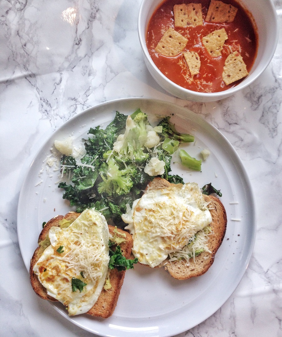 toast with eggs next to tomato soup