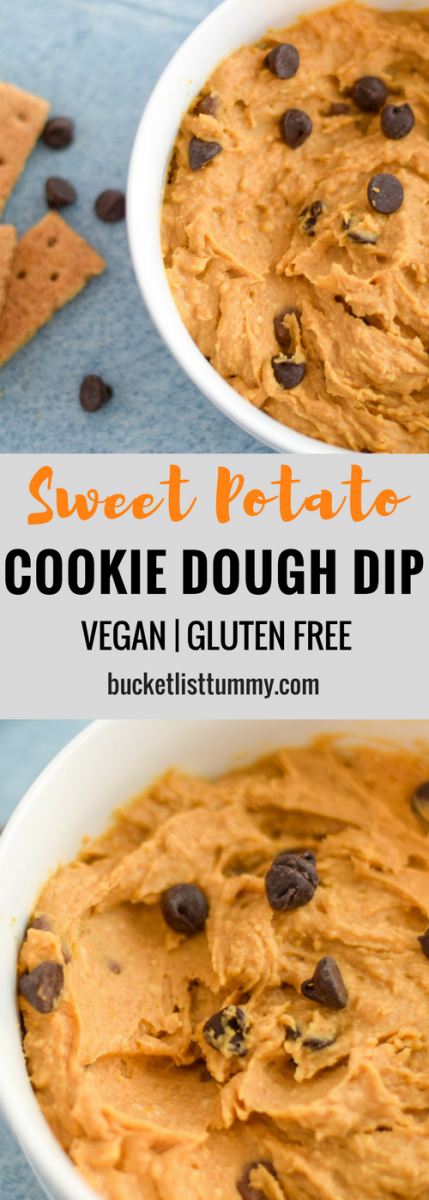 Sweet Potato Cookie Dough Dip is the perfect appetizer for your sweet tooth. Made with all real ingredients, this dip boasts extra flavor from the sweet potatoes, and goes perfectly with fruit, chocolate and graham crackers | Vegan, Gluten Free Snacks
