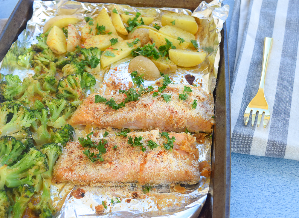 Sheet Pan Breaded Honey Mustard Salmon, an easy, one pan dinner for easy prep and cleanup