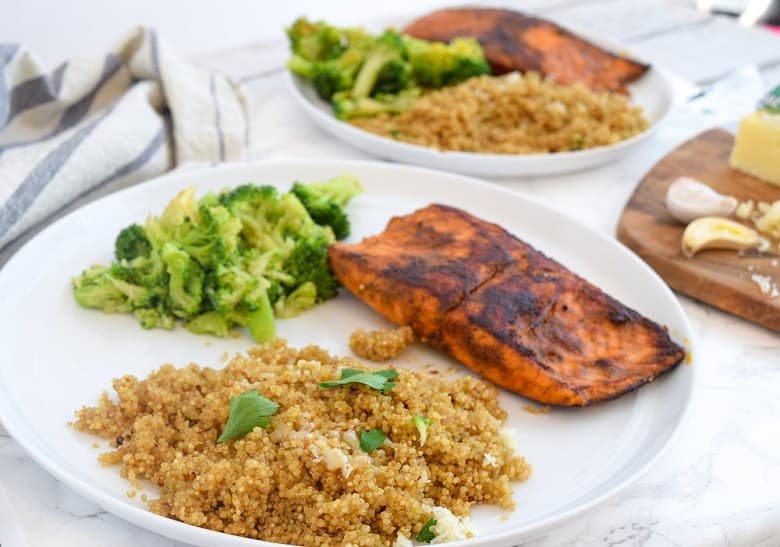 leftover quinoa recipe served with salmon and broccoli