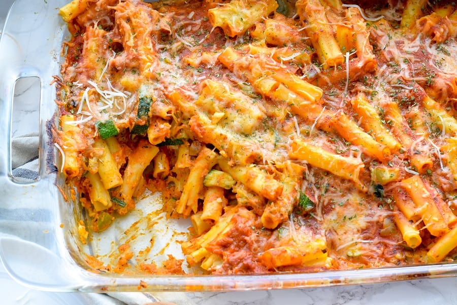 closeup of veggie pasta bake in cooking dish