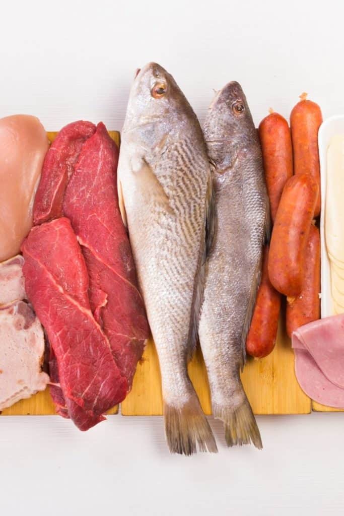 Sources of protein, like meat, fish and cheese on white background