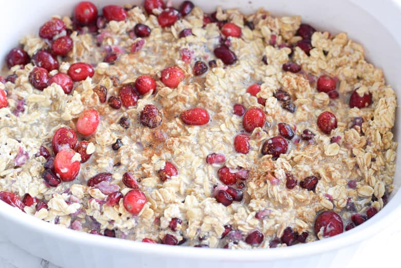 cranberry baked oatmeal in baking dish before baking