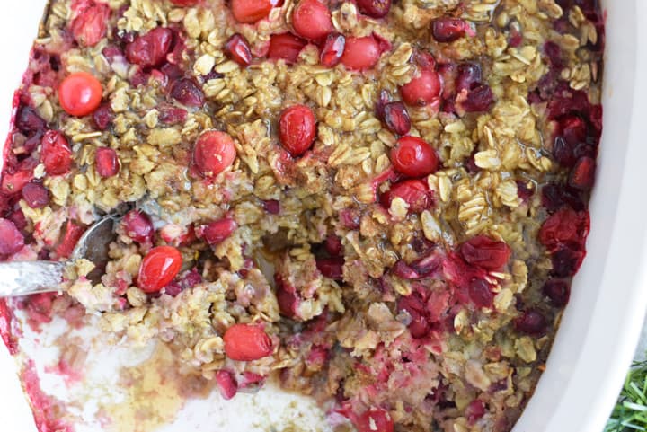 baked pomegranate oatmeal in baking dish