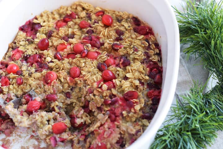 pomegranate oatmeal with cranberries in baking dish