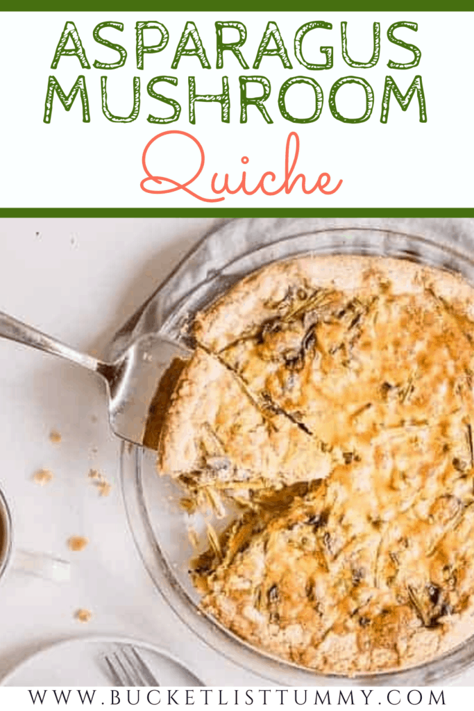 Serving utensil with cheesy quiche with text overlay for Pinterest