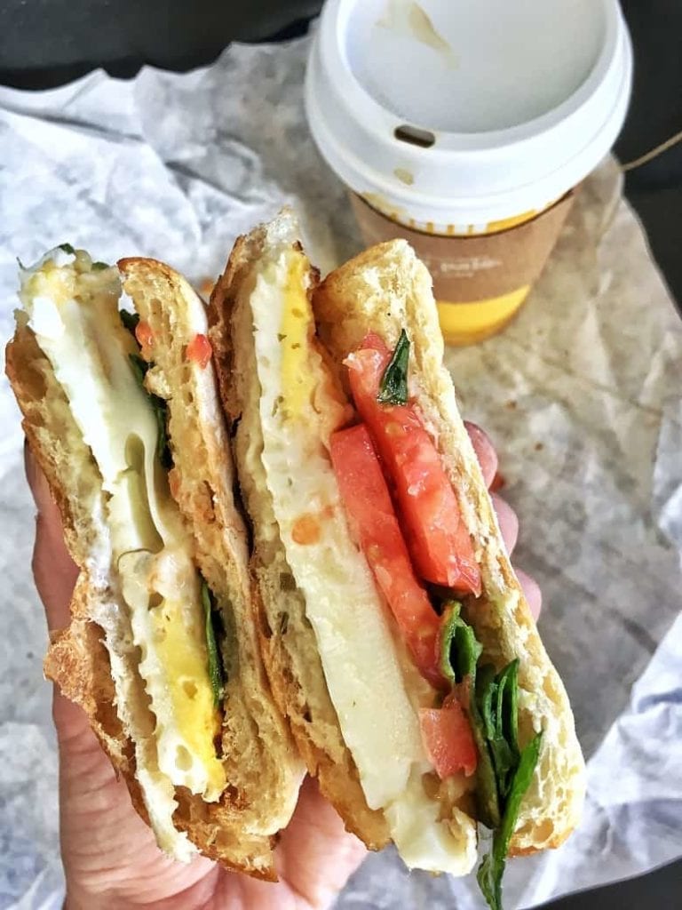 egg, cheese, tomato sandwich to go with coffee