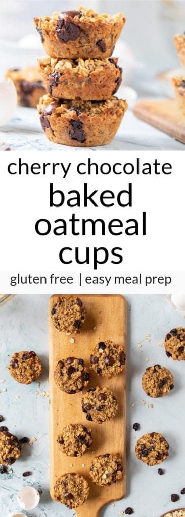 baked oatmeal cups with cherries and chocolate chips on wooden serving plank with text overlay