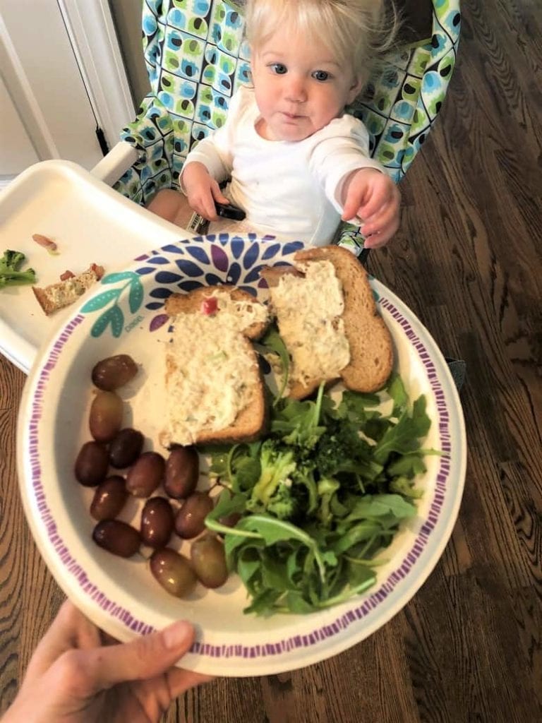 Chicken salad sandwich with grapes and arugula on paper plate