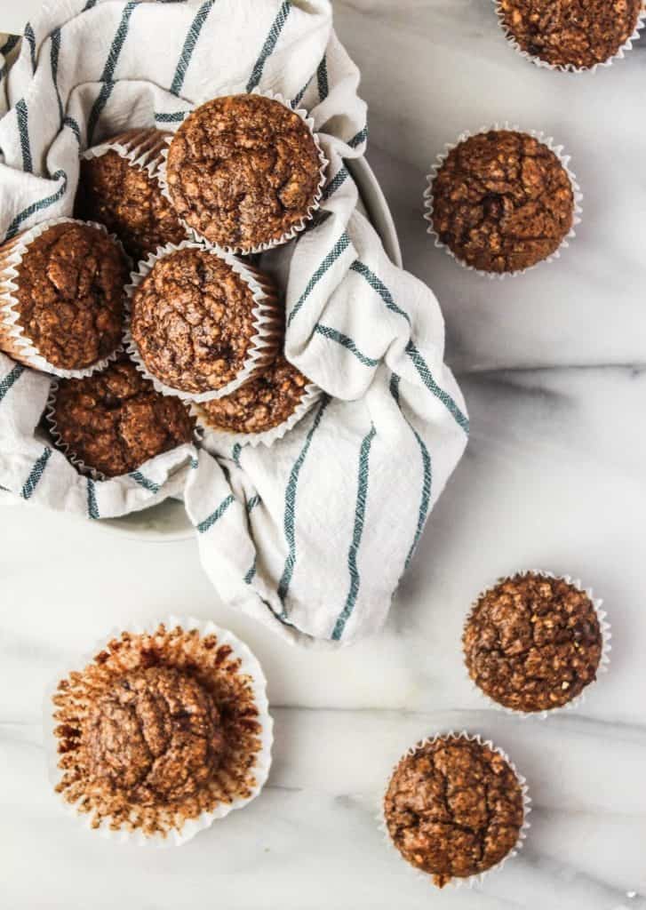 Banana Muffins made with almond flour in a bowl with a kitchen towel on granite surface