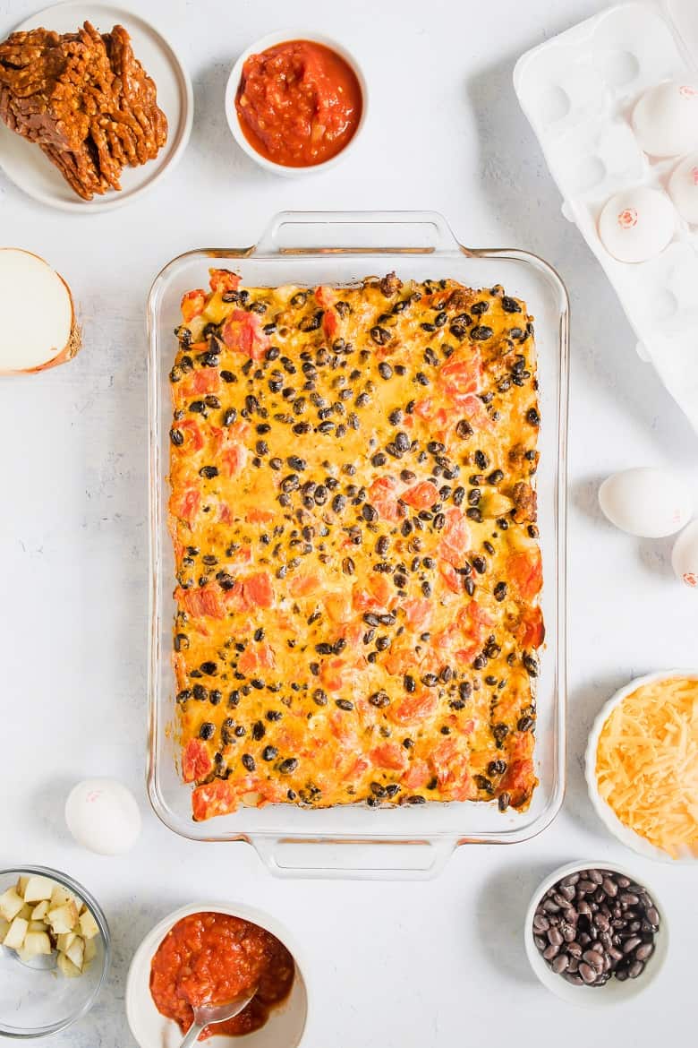 Mexican Chorizo Breakfast Casserole with black beans and ingredients