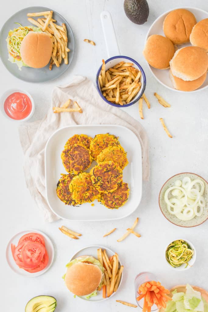 Salmon patties with buns and french fries 