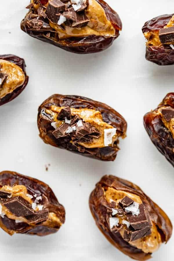 Dates stuffed with almond butter, sea salt and dark chocolate
