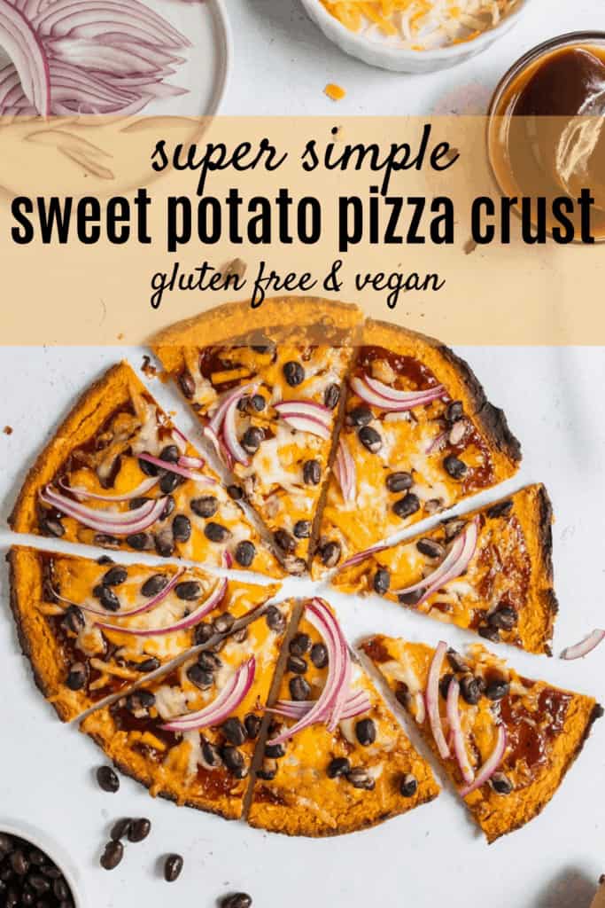 Overhead view of sweet potato pizza crust topped with cheese, black beans and red onions on gray background with text overlay | Bucket List Tummy