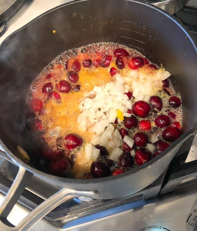 Cranberries, orange slices, onions and spices mixed in a pot on the stove