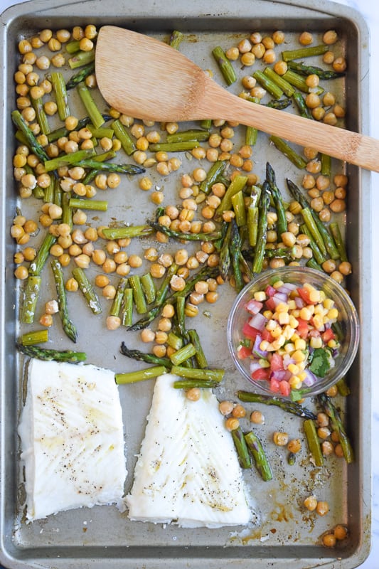 Alaskan Halibut on Sheet Pan with Chickpeas and Asparagus