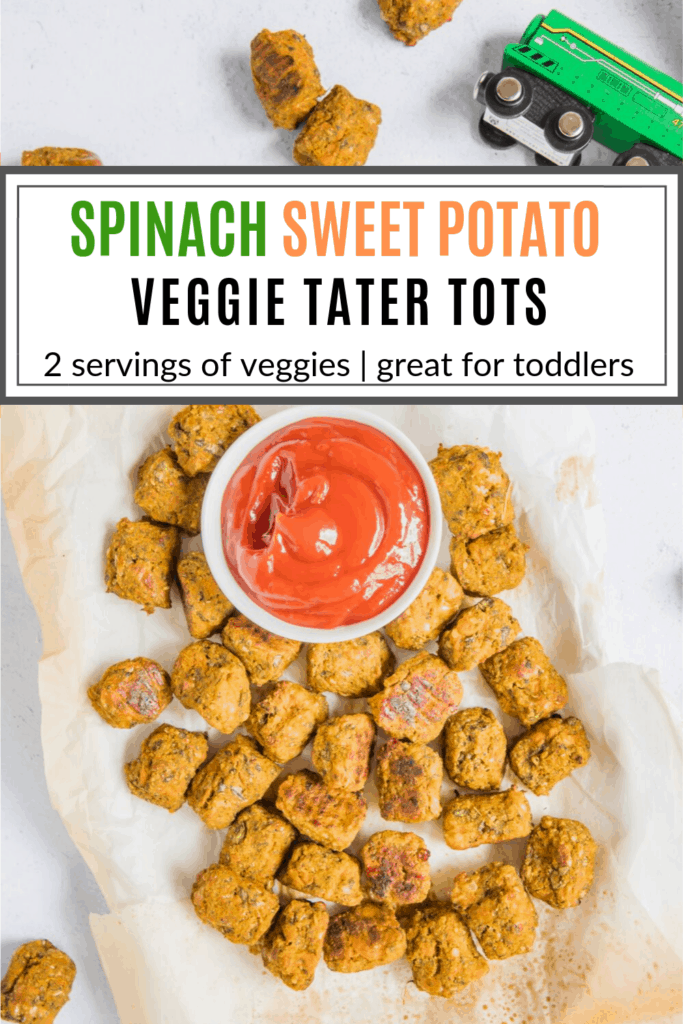 Sweet Potato Veggie Tots with ketchup on baking sheet with text overlay 