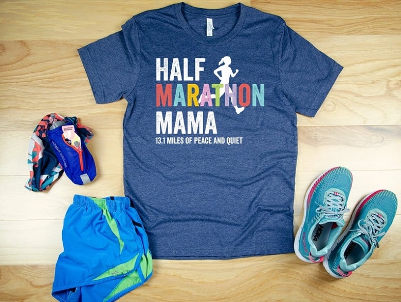 Half Marathon Mamma t shirt on wood floor