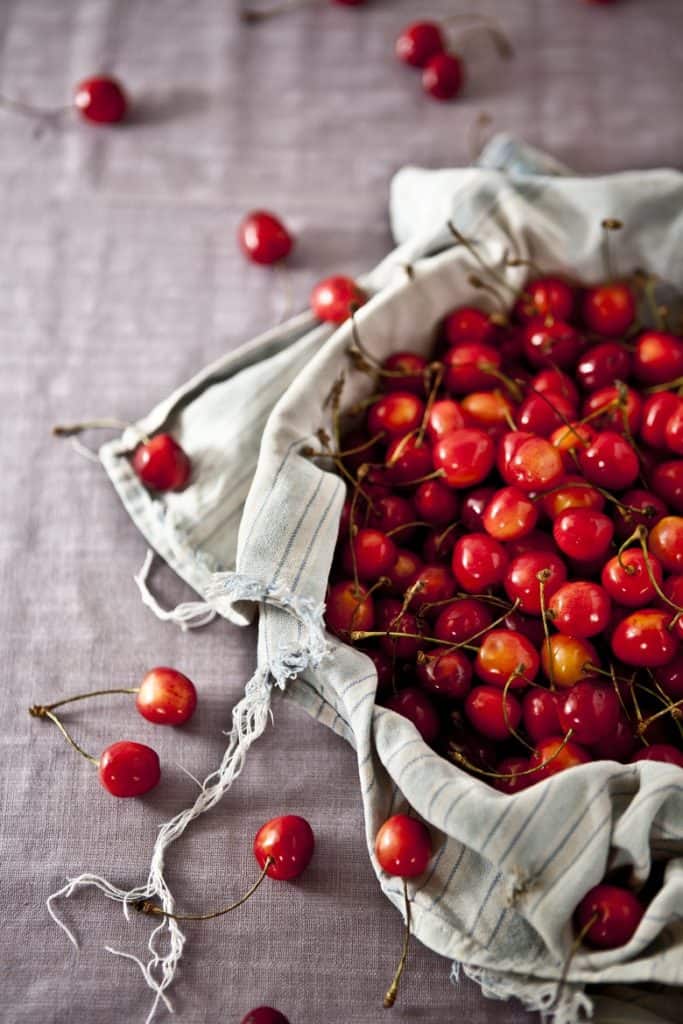 basket of cherries on tabletop