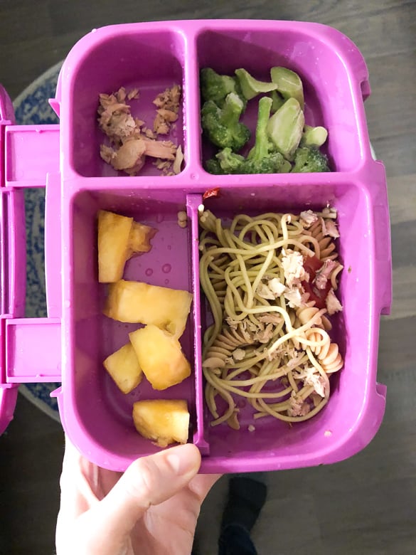 bentgo lunch box with frozen broccoli, fruit and leftover pasta